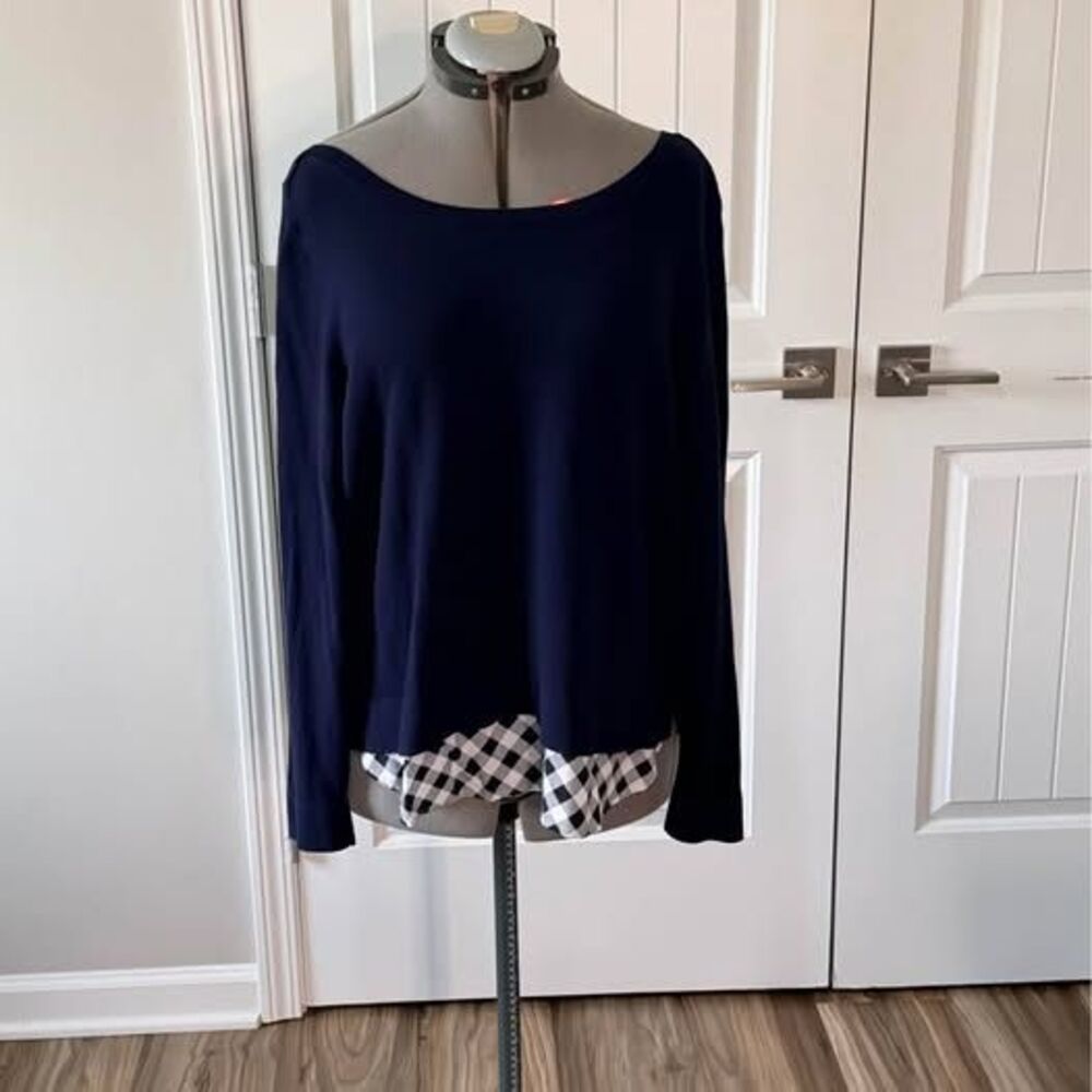 1X Crown & Ivy top, 24 p‑p, 27 L, Navy Blue Layered Gingham Back Sweater C7662